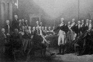 Following a triumphant journey from New York to Annapolis, George Washington, victorious commander in chief of the American Revolutionary Army, appears before Congress and voluntarily resigns his commission, an event unprecedented in history